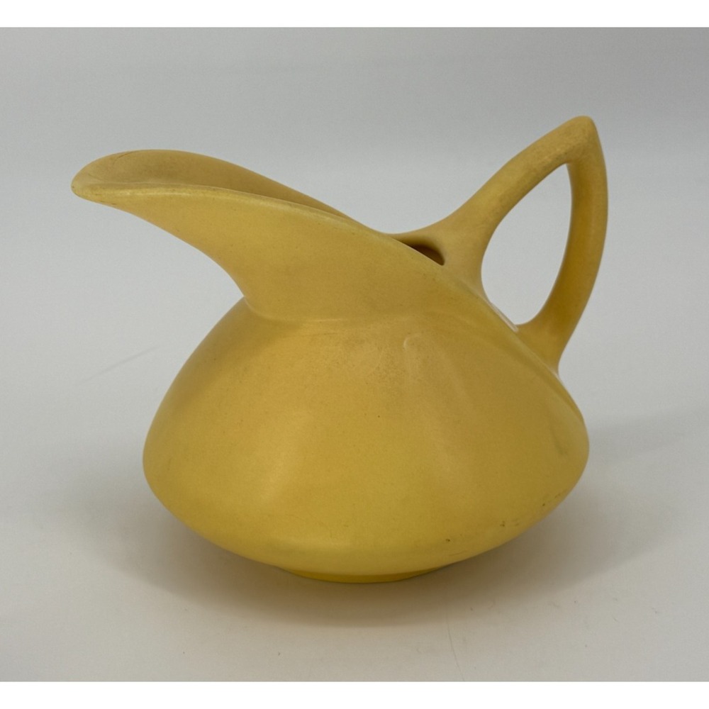 Vintage Mid Century Modern Yellow Matte Pottery Pitcher Ewer Atomic Sculptural